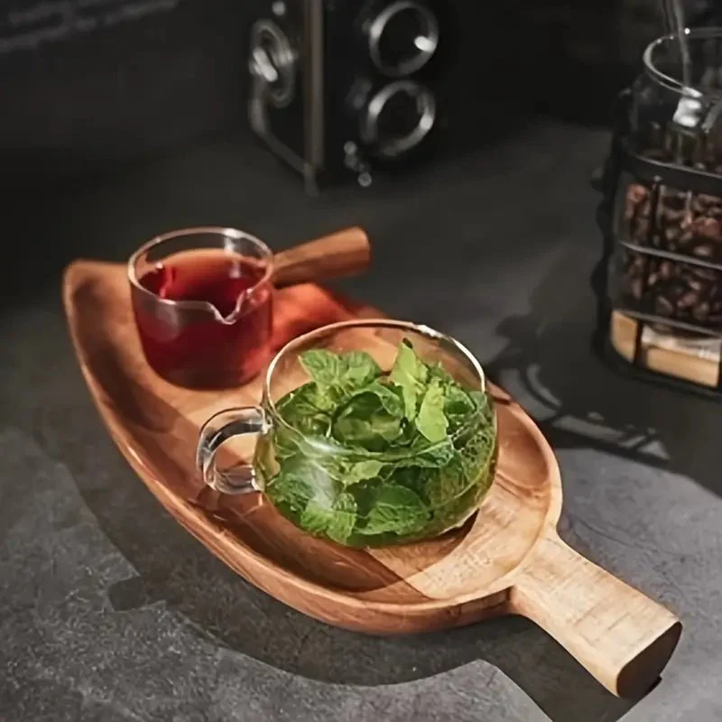 Resin Art - 1 x Acacia Wood Leaf Shaped Tray with Handle 33cm - Image 2