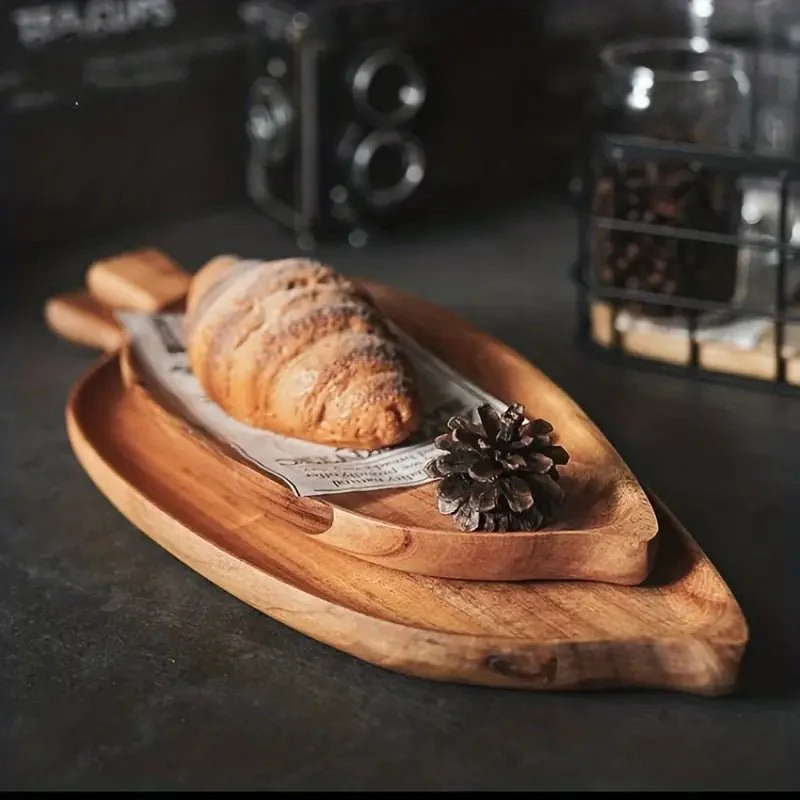 Resin Art - 1 x Acacia Wood Leaf Shaped Tray with Handle 33cm - Image 4