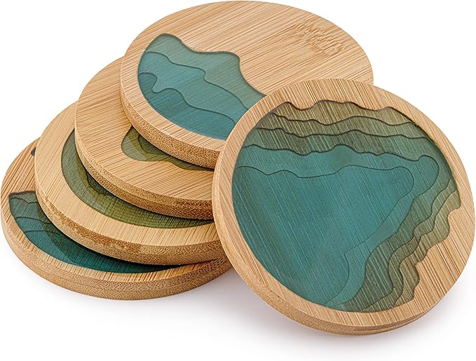 Resin Art - Wooden Bamboo Round Coaster with River Design 9.1cm x 9.1cm x1
