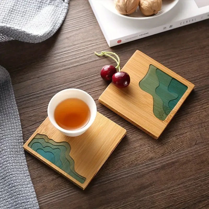 Resin Art - Wooden Bamboo Square Coaster with River Design
